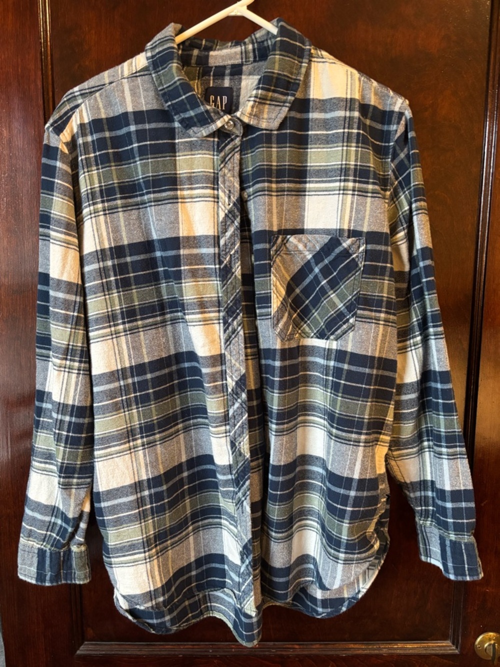 GAP Women’s Navy, White & Olive Plaid Button-Up Shirt flannel cotton XL